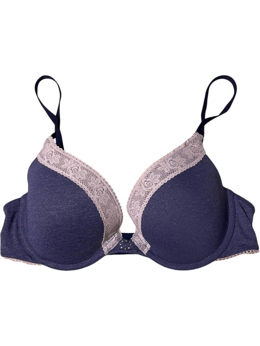 Maidenform Plunge Bra Padded Underwire Lace Trim Blue White Women's 34C Romantic